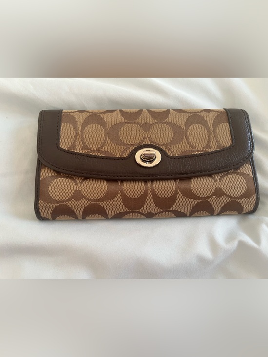 Coach Handbags - Coach Brown and Tan Signature Canvas Turnlock Clutch Wallet